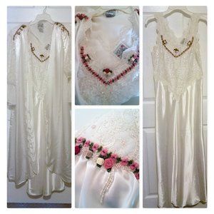 White Satin N Lace Nightgown W Matching Robe - image 1